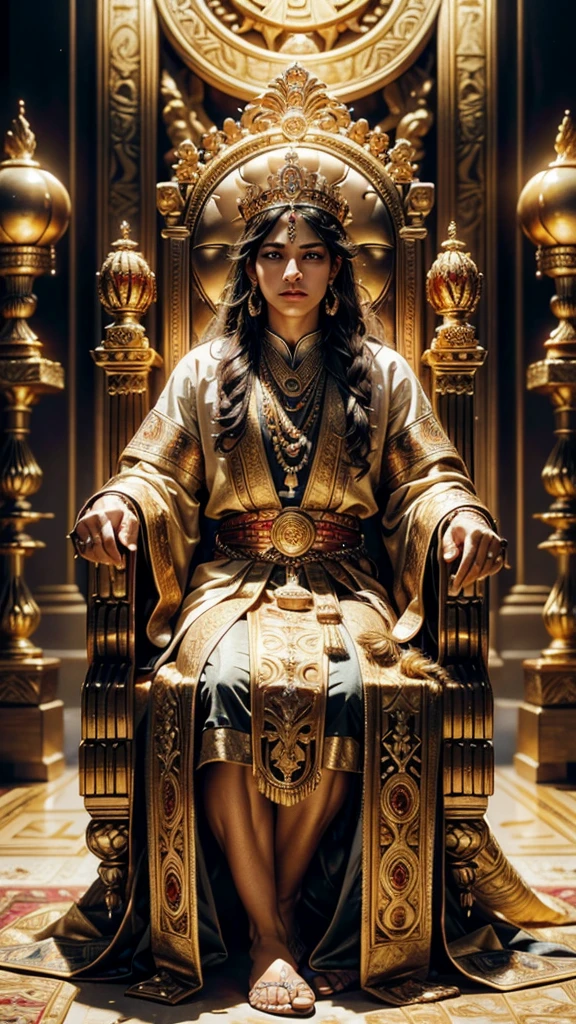 a majestic deity with a lion's head,seated on an ornate throne,made of gold and adorned with intricate carvings,the deity wears a lavish crown and flowing robes,exuding power and authority,several worshippers,both standing and kneeling,offering gifts such as fruits,golden vessels,and sacred artifacts,worshippers dressed in vibrant,traditional clothing with detailed textures,reflecting the culture of an ancient civilization,rich,warm tones,elaborate stone walls inscribed with ancient hieroglyphs or cuneiform script,soft,golden hues across the scene,highlighting the deep reds,blues,and golds of the garments and artifacts,creating a sense of reverence and awe,(best quality,4k,8k,highres,masterpiece:1.2),ultra-detailed,(realistic,photorealistic,photo-realistic:1.37),HDR,UHD,studio lighting,ultra-fine painting,sharp focus,physically-based rendering,extreme detail description,professional,vivid colors,ancient ceremonial scene,highly detailed and colorful painting,ornate throne,lavish crown,flowing robes,detailed textures,elaborate stone walls,intricate carvings,sacred artifacts,traditional clothing,warm tones,golden hues,reverence and awe