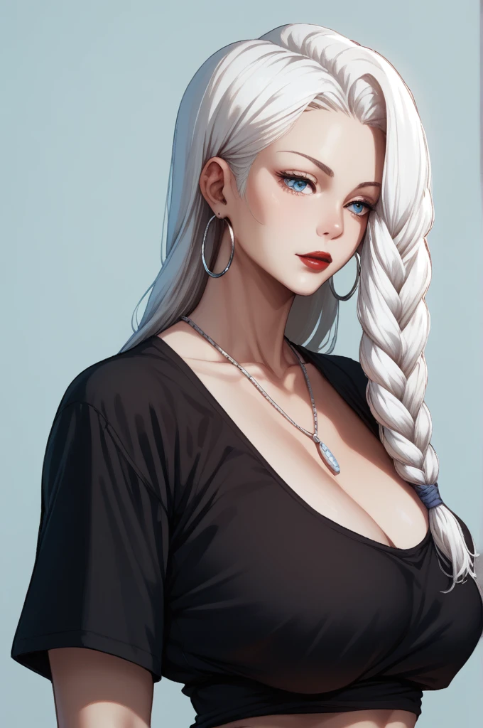 score_9, score_8_up, score_7_up, score_6_up, score_5_up, score_4_up, mei mei , blue eyes, white hair braid, large breasts,  necklace,big oversized hoops earrings ,red lipstick , detailed eyes , big saggy breasts,black t shirt, cleavage ,navel piercing 