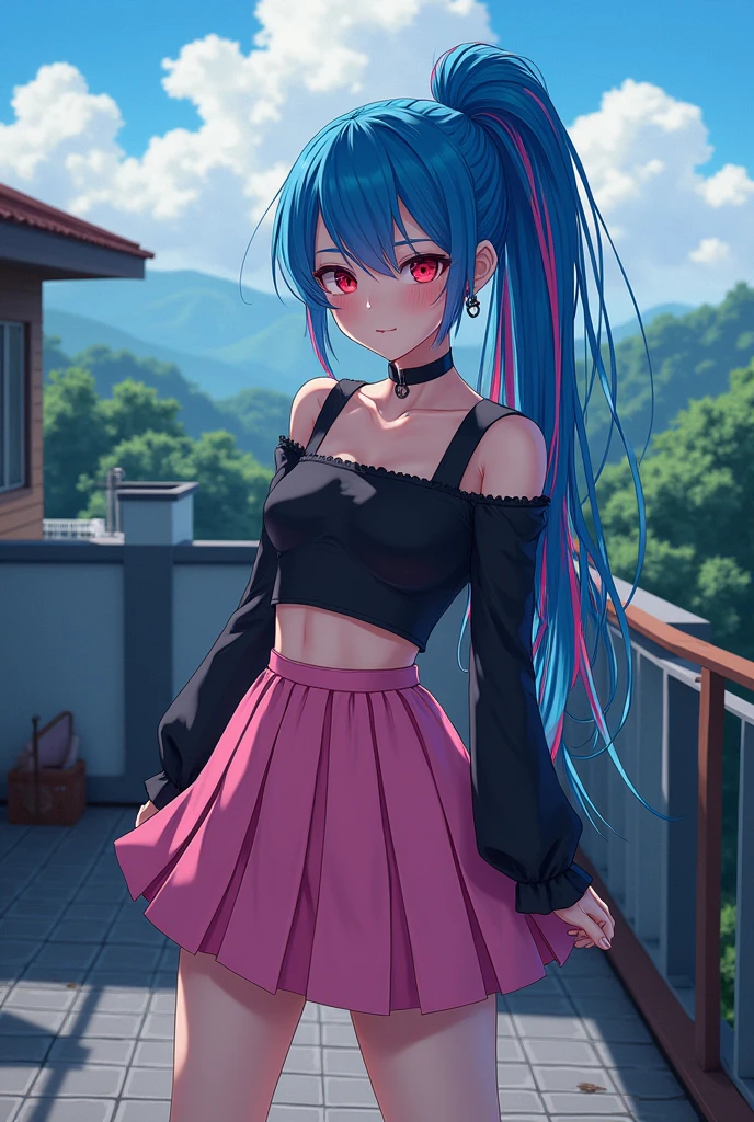 create a full body one the hair is long and tied up the color blue and pink highlights it is an emo outfit it is a pink sauto she will use red makeup it is a black look (create it in a kauai style) it is located on top of a building