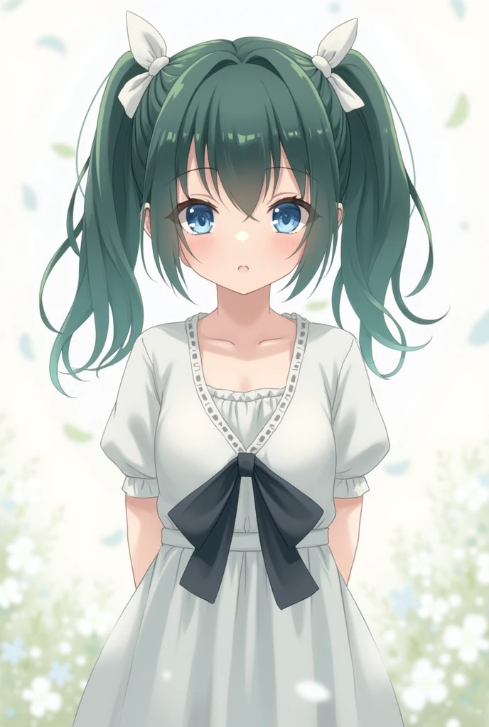 The innocence, dark green hair, twintails, arms behind back, white dress, black waist tie, a girl,blue eyes,