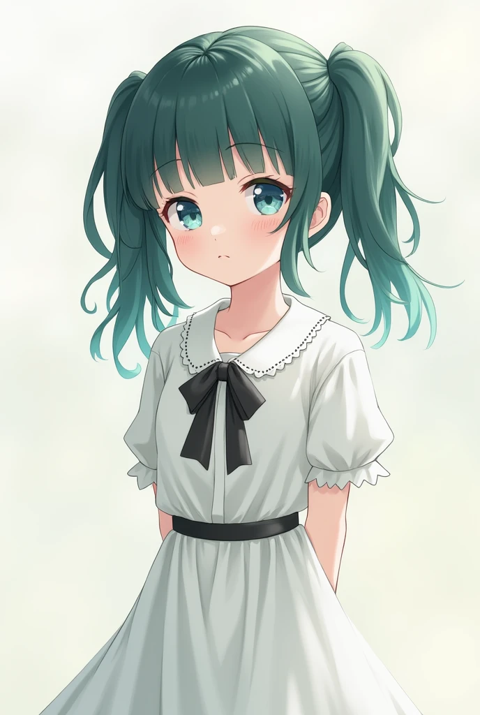 The innocence, dark green hair, twintails, arms behind back, white dress, black waist tie, a girl,blue eyes,