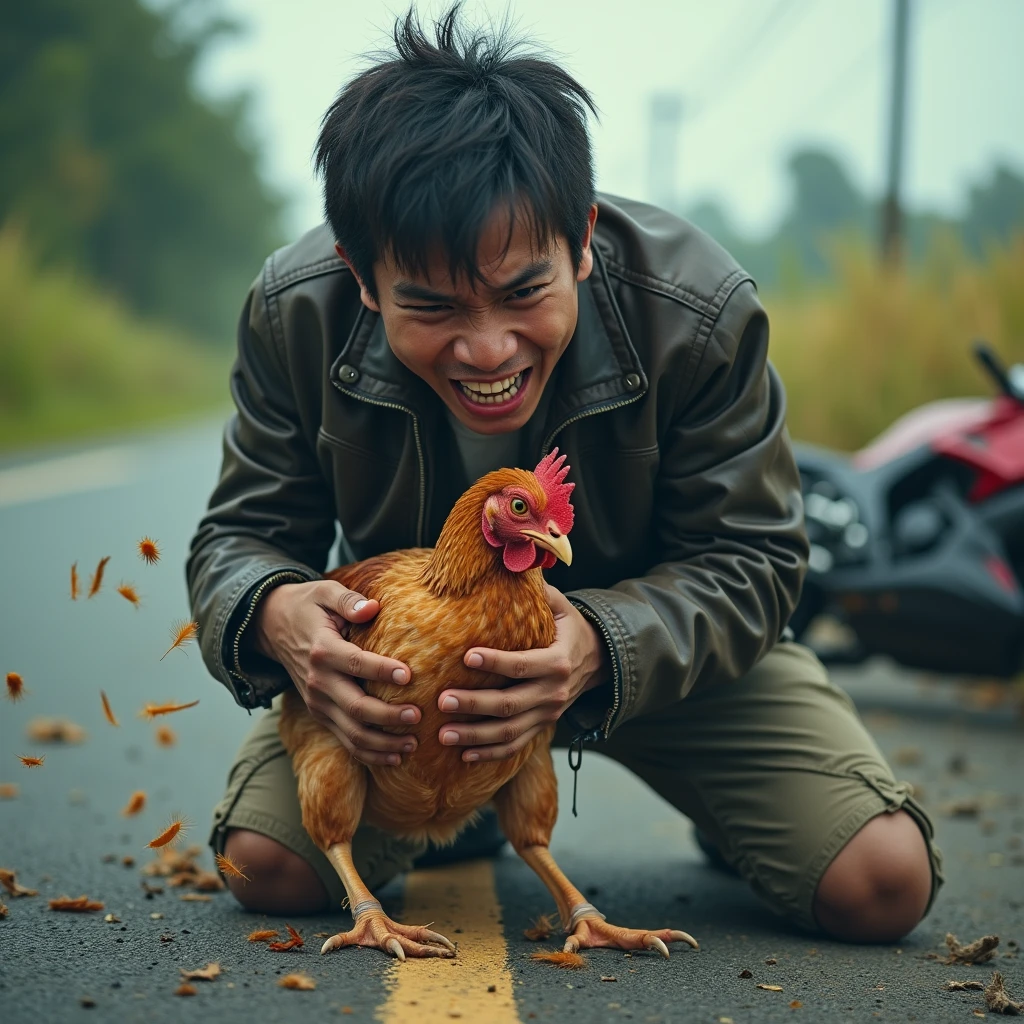 Real photo of young Indonesian man. wearing a torn leather jacket. wearing a helmet standing with a very angry expression strangling a chicken&#39;s neck with a frightened expression, bulging eyes, lots of feathers flying and coming off. on the asphalt road on the edge of the rice field behind a sports motorbike fell as if it had just had an accident on the side of the road. tampak sep Ultra-realistic 8K photograph, shot with a Leica Q2, strong color contrast and sharp clarity --ar 9:16 --quality 2 --