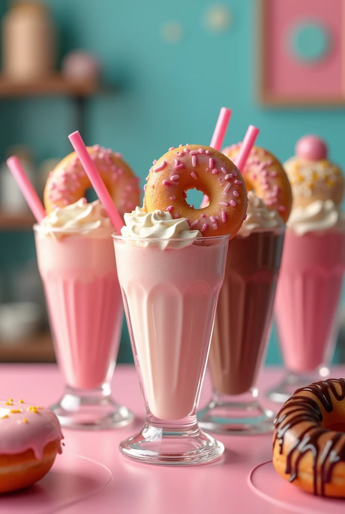 Milkshakes in plastic cups with a donut on top