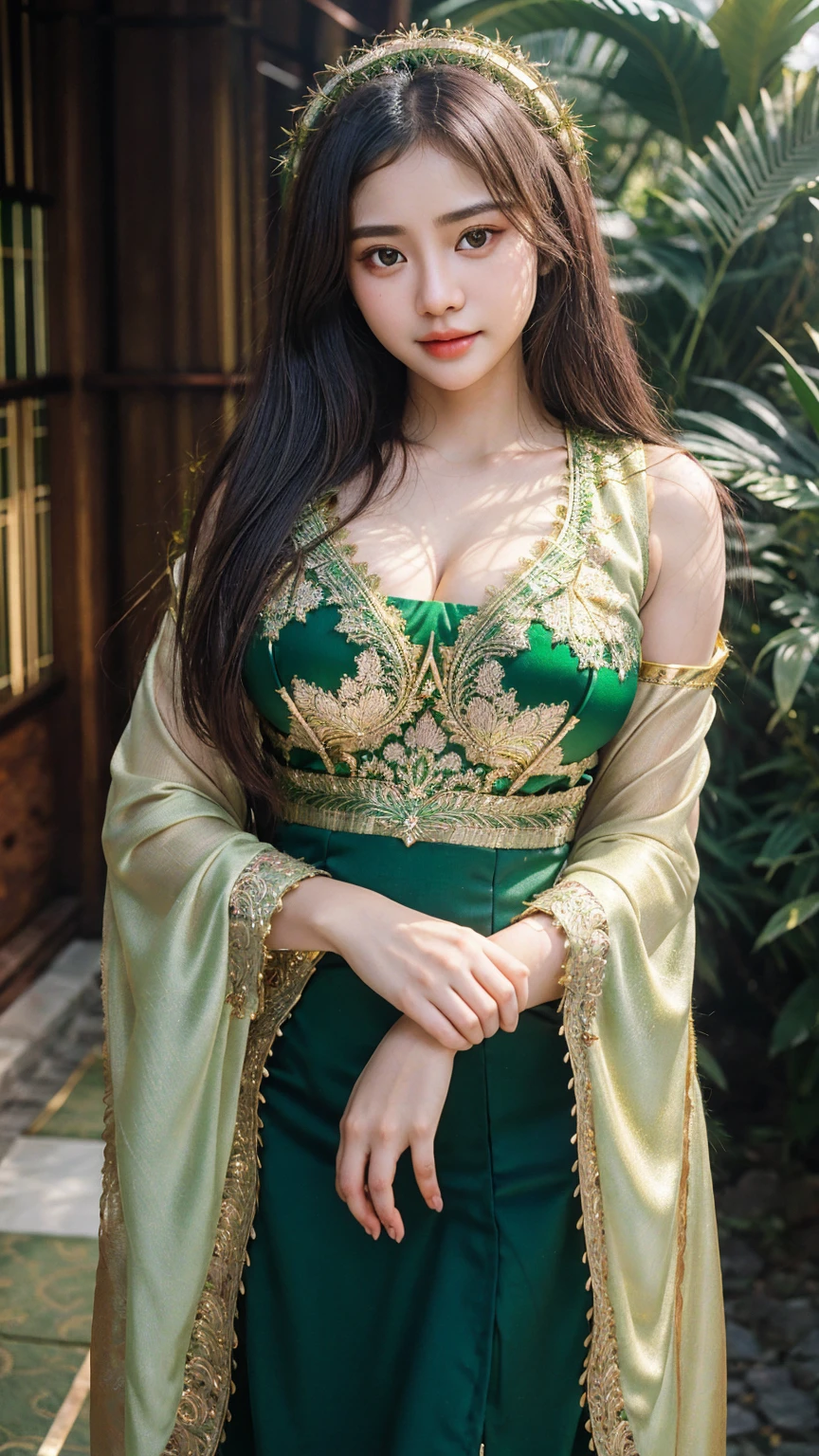 Photorealistic Production, (One Person), (Realistic Image of a 25 Years Old British Female Model), ((Beautiful woman: 1.7, Mature and alluring: 1.4, Lustful expression: 1.3, Aged twenty-five: 1.0, Height: 165cm, Covetable large breasts: 1.7, Slim waistline: 1, Attractive mature woman with an air of seduction: 1.7, Aroused girl with desire in her eyes: 1.7)) (Shoulder-level Wavy Black Hair:1.6), (Athletic Body Builds:1.4), (Pale Skin:1.4), (Wearing a Green Ornated Kebaya Dress with Silk Cloth and Golden Jeweleries:1.6), (Serious Face), (Deep Cleavage), (Elegant Pose:1.6), Centered, (Waist-up Shot:1.4), From Front Shot, Insane Details, Intricate Face Detail, Intricate Hand Details, Cinematic Shot and Lighting, Realistic Colors, Masterpiece, Sharp Focus, Ultra Detailed, Taken with DSLR camera, Realistic Photography, Depth of Field, Incredibly Realistic Environment and Scene, Master Composition and Cinematography,castlevania style