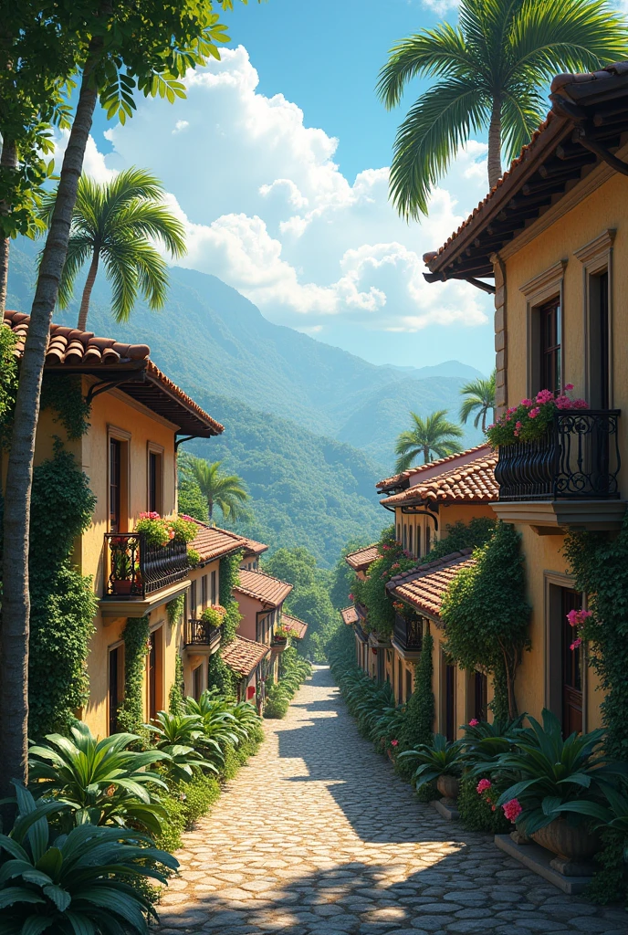 A PARADISIAC COLONIAL VILLAGE WITH PLANTS AROUND AND A PANORAMIC VIEW.