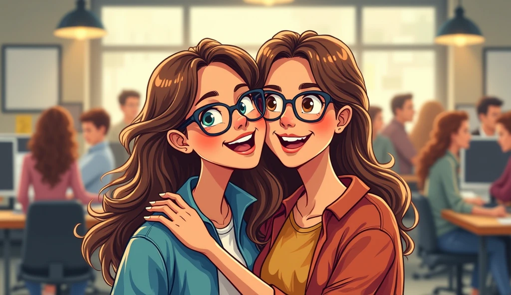 I need a playful image in illustration, which represents welcoming, safety, comfort.
there are two women, one of whom is the boss (director) and the other is the employee). They are hugging each other and have a look of complicity
director features (woan 40 years): long, straight brown hair, glasses
employee characteristic (woman 29 years): wavy brown hair, glasses
They are both wearing more casual clothes.
scenario a chaotic work environment in an advertising agency, with peoples in the backgroud.