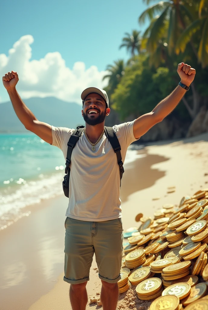 Image with the word WIN by Nayib Bukele, President of El Salvador, wearing a cap, Vacationing on a beach in Colombia and lots of money bills and bitcoin coins