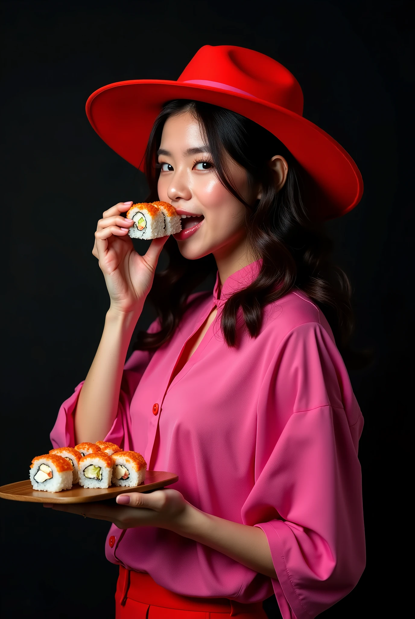 stylish photo of a girl eating Japanese rolls like a hooligan,   the girl is wearing a pink blouse, On his head is a bright red hat with wide brim, the photo was taken professionally, high detail, studio light, side view, backlighting that emphasizes the volume of the photograph, advertising photography, On a black background