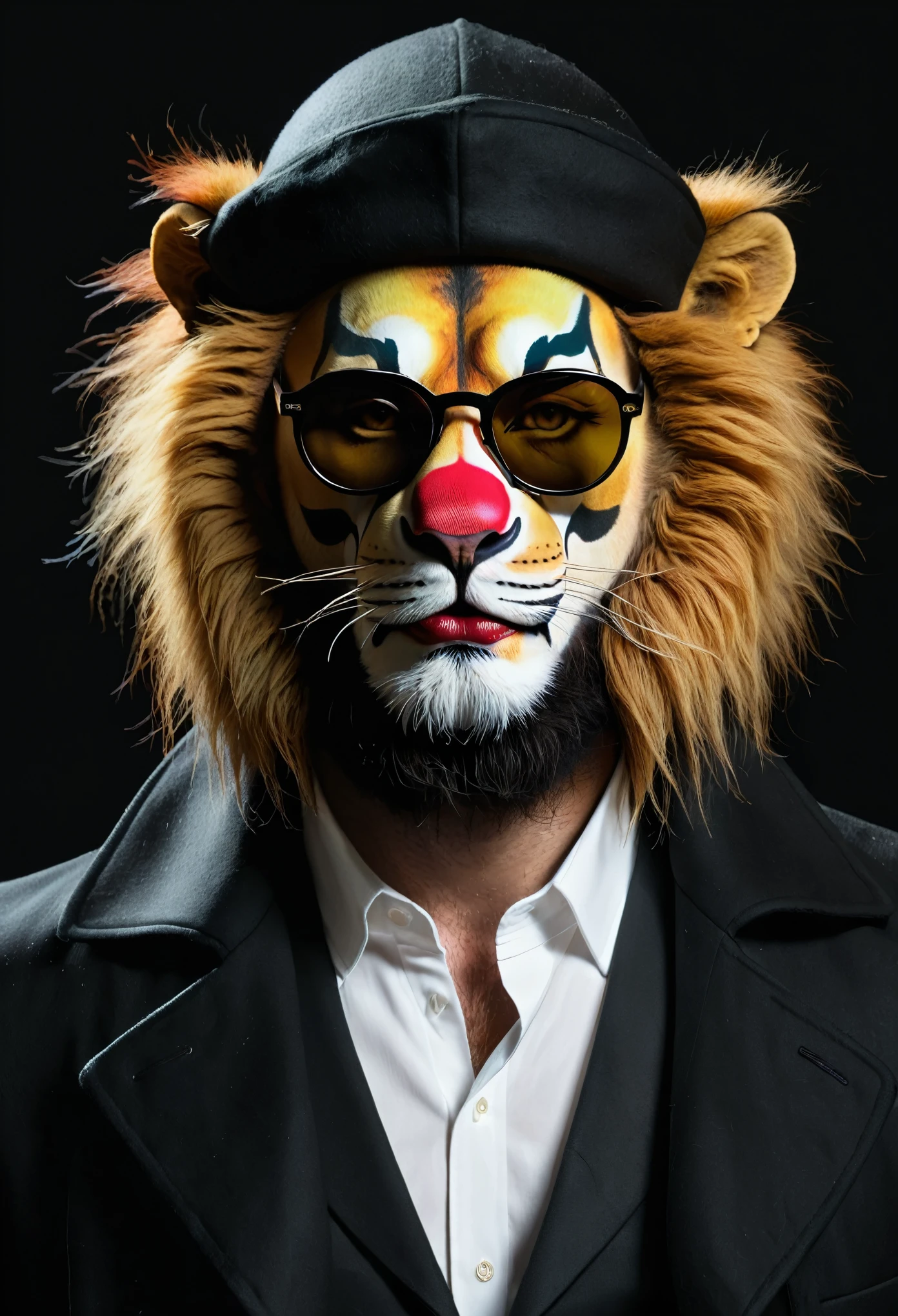 John Reno,(Lion:2.1),( film:1.1), hitman, sunglasses, clown mask round sunglasses, bonnet, portraite, short beard, black wool over coat, white shirt underneath, (( dark colours, details Intricate, realistic styling, tar paints, dark paintings, digital illustrations, mixed media pieces, deep-shadows ))