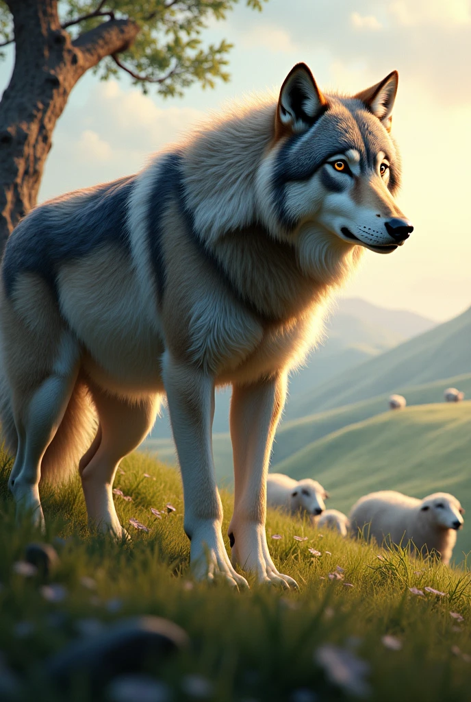 A wolf watching some sheep
