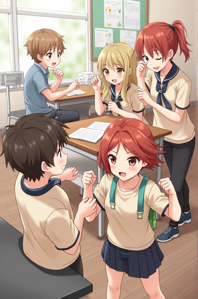 Generate image of 5 students 2 boys and 3 girls 
