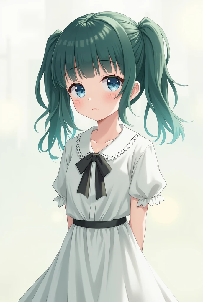 The innocence, dark green hair, twintails, arms behind back, white dress, black waist tie, a girl,blue eyes,