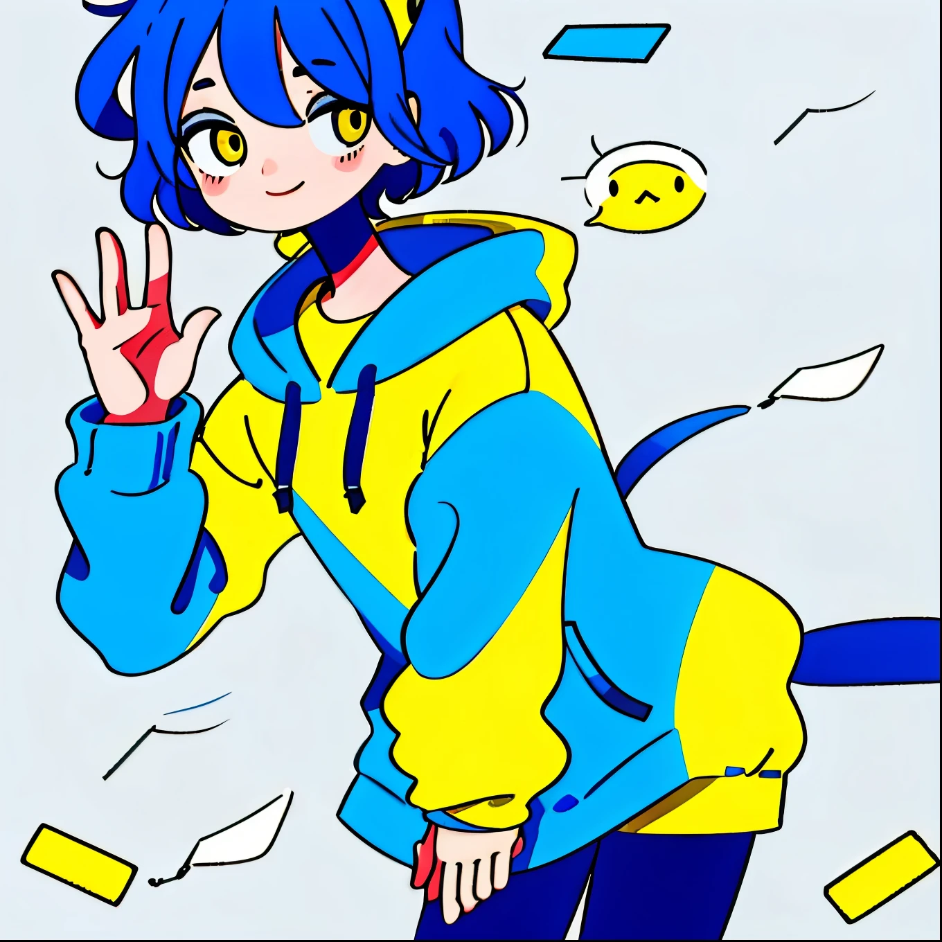 Mash Hair Short Hair Blue hair Wearing a blue hoodie I'm wearing headphones 1 male Nice smile Yellow irises Narrow eyes cheeks are white The whole body is shown Looking into the distance Waving one hand up The whole body is on camera Two-headed character Yellow eyes Aggressive pose Floating in the air alone