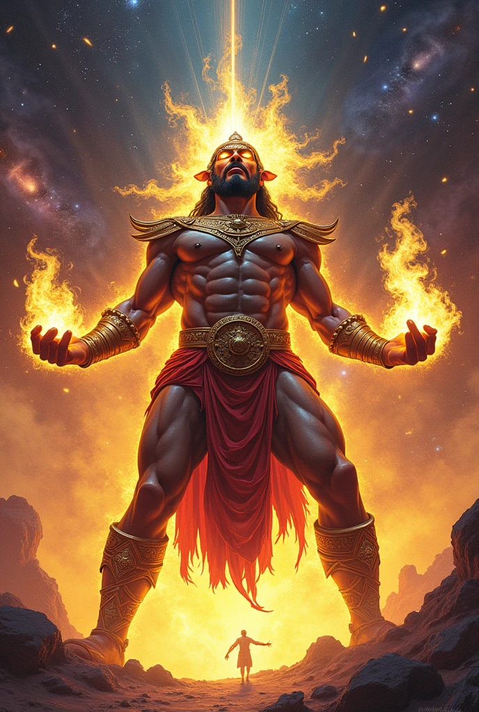 A MEGA MEGA SUPER SUPER PERUVIAN AND POWERFUL Peruvian god WITH 2 GOLDEN FLAMES AND A TAMAL IN HIS HAND IN SPACE FIGHTING WITH GALACTUS NOW MAKE IT GAY