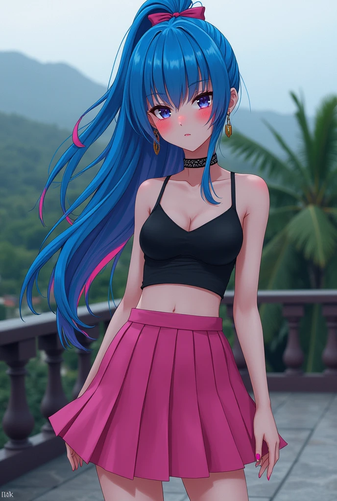 create a full body one the hair is long and tied up the color blue and pink highlights it is an emo outfit it is a pink sauto she will use red makeup it is a black look (create it in a kauai style) it is located on top of a building