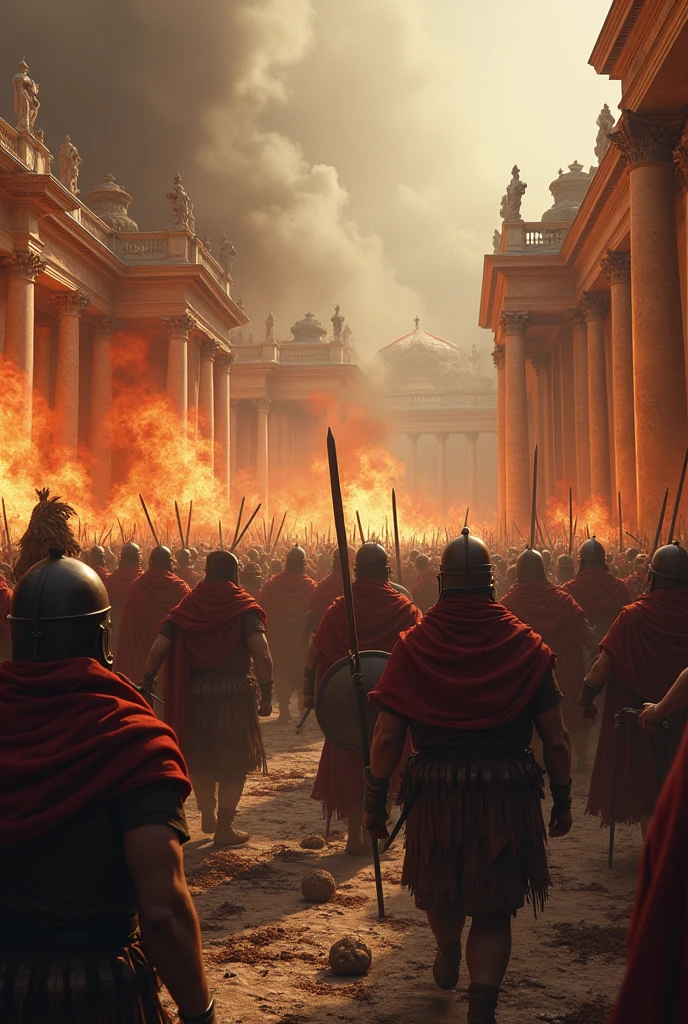 The city was invaded by barbarian armies, rioting and burning Roman buildings.