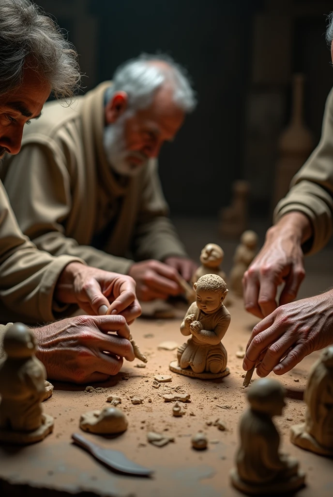 Ancient artisans sculpting clay figures with precision, detailed hands and tools, UHD, cinematic depth.