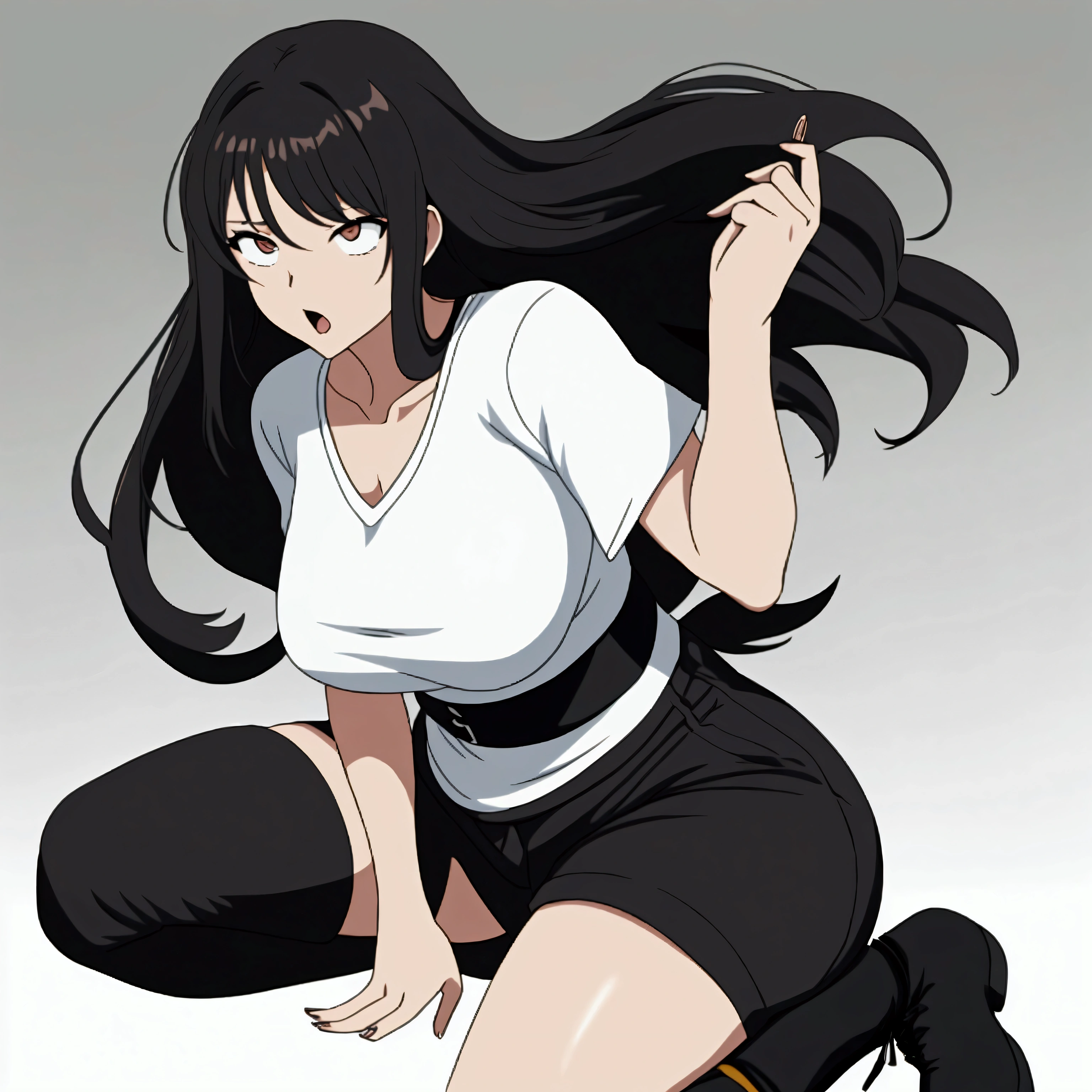 A woman with anime features, with long black hair. She is dressed in normal clothes, including a white V-neck t-shirt and short black shorts, with black mid-calf boots. The woman has a surprised expression, looking at something off screen. Your entire body appears in the image, sem cortes. The background is generic, solid-colored, no details or textures, to make it easier to cut out the figure later. The image should have thick lines and strokes in the style of TV anime..