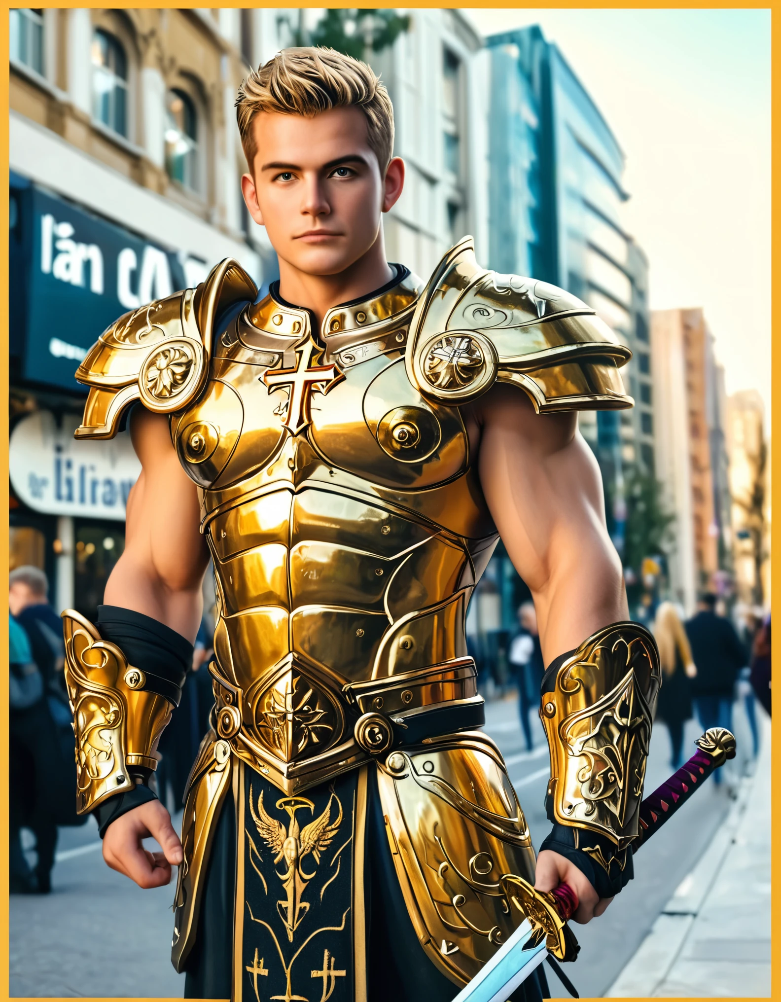 Image is a high-quality, stylized photograph featuring a muscular man standing in the middle of a city street. He is dressed in a shiny, gold-colored armor that covers his shoulders, chest, and legs, with intricate designs. He holds a sword in his right hand. The man has short, blonde hair and a serious facial expression. His skin is fair, and his physique is highly defined. The background shows a cityscape with buildings, trees, and a clear sky, suggesting a sunny day. The image has a yellow border, adding a distinct frame to the photograph. A logo is emblazoned on the armor's chest plate, featuring a stylized cross and the letters 'IG' in a gothic font. The text "Artvision1999" is written in a smaller, italicized font, surrounding the image in a circular or oval shape, blending seamlessly with the yellow border.