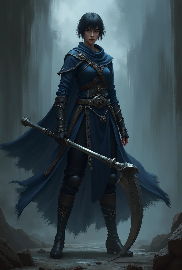 A half-elf with short black hair, dark blue tunic with a scythe