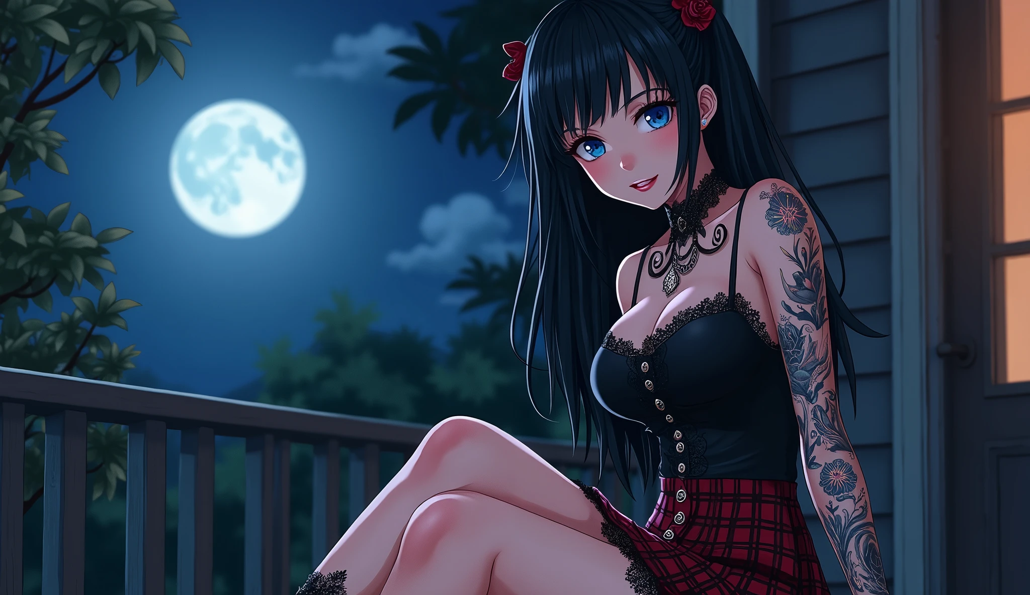 (best quality, ultra-detailed, photorealistic: 1.39), bright and vibrant colors, studio lighting, romantic expression, An effeminate girl, with a delicate and beautiful face. Beautiful and adult tattooed woman with her black hair matches the gothic makeup, her blue eyes and mischievous smile, with her large seductive breasts, cleavage, gothic style blouse, strapless lace blouse, plaid pleated skirt, black lace socks, chain details on the skirt, on the porch of the house at night, full moon, night, manga style, anime features manga style, fully body , she is in love, anime style