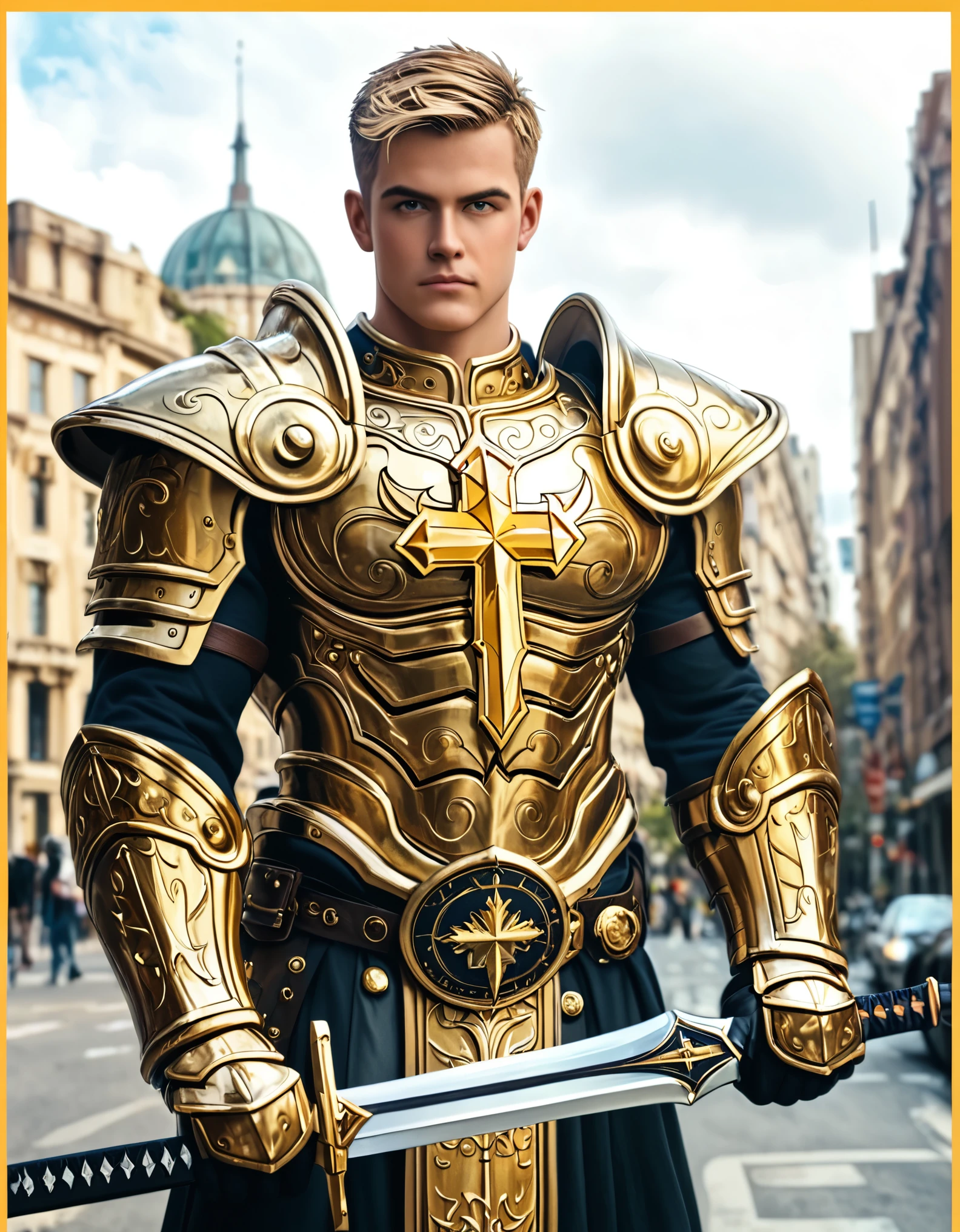 Image is a high-quality, stylized photograph featuring a muscular man standing in the middle of a city street. He is dressed in a shiny, gold-colored armor that covers his shoulders, chest, and legs, with intricate designs. He holds a sword in his right hand. The man has short, blonde hair and a serious facial expression. His skin is fair, and his physique is highly defined. The background shows a cityscape with buildings, trees, and a clear sky, suggesting a sunny day. The image has a yellow border, adding a distinct frame to the photograph. A logo is emblazoned on the armor's chest plate, featuring a stylized cross and the letters 'IG' in a gothic font. The text "Artvision1999" is written in a smaller, italicized font, surrounding the image in a circular or oval shape, blending seamlessly with the yellow border.