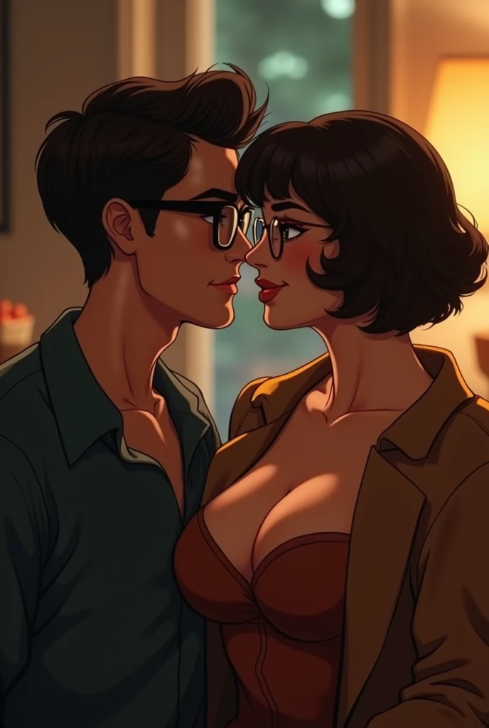 Create a couple, of a man with glasses and short hair and a very hot busty woman with glasses and short hair who also looks like Velma 