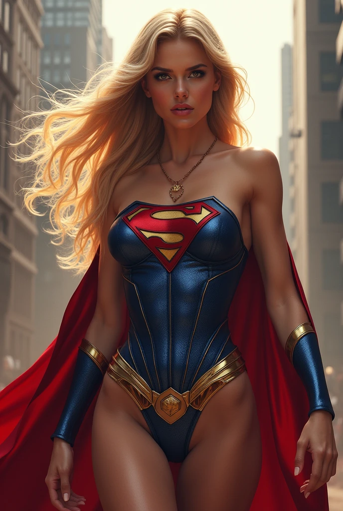 A HOT AND SEXY MUSCULAR SUPERGIRL COMPLETE WITH A EROTIC BLUE SUPERMAN CORSET COSTUME AND CAPE WITH A LARGE SUPERMAN EMBLEM. SO SEXY SUPERGIRL