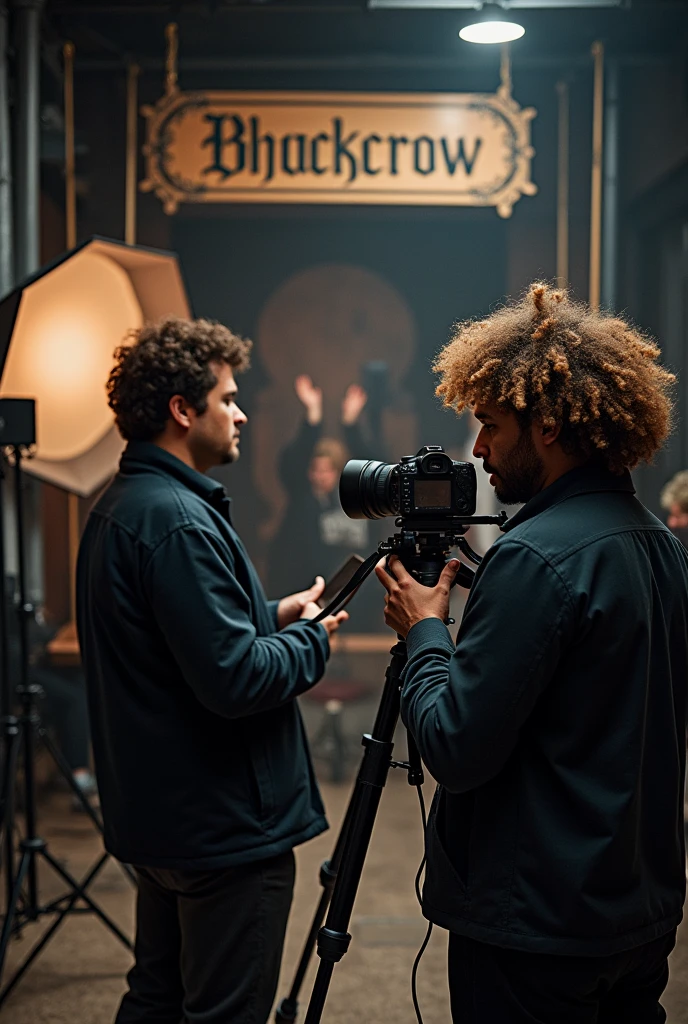 Photographic studio with 1 curly man in it doing a photoshoot to a mans client. studios name is blackcrow in blackletter font