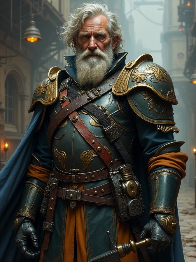 full body shot of onegrizlly old man. mesy hair and beard.. blue eyes. Napoleonic officer with Cyber Knight armor. Dark sci-fi. Warhammer 40k. Dieselpunk. baroque oil painting.