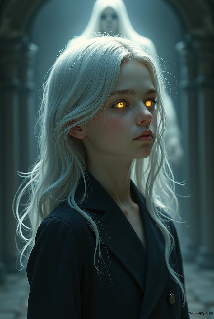 Man with fine features, twelve years old, with a beautiful, long silky silver hair, and shining golden eyes, with a god of death behind him.