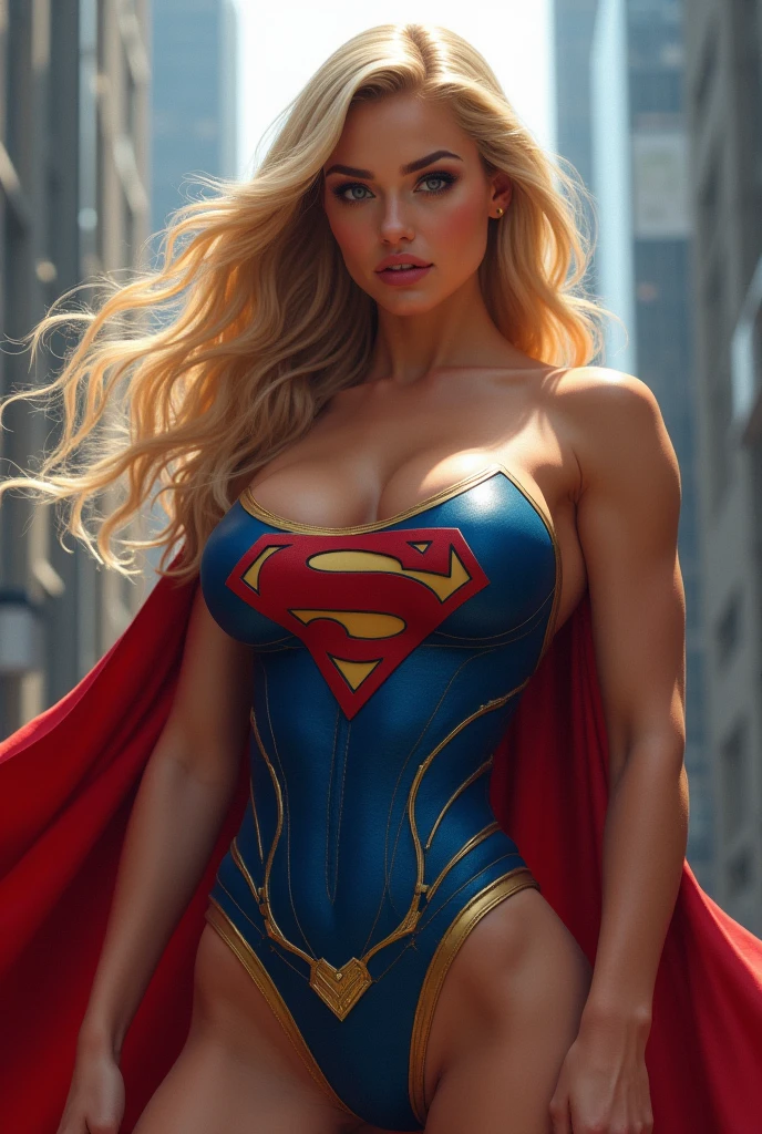 A HOT AND SEXY MUSCULAR SUPERGIRL COMPLETE WITH A EROTIC BLUE SUPERMAN CORSET COSTUME AND CAPE WITH A LARGE SUPERMAN EMBLEM. SO SEXY SUPERGIRL