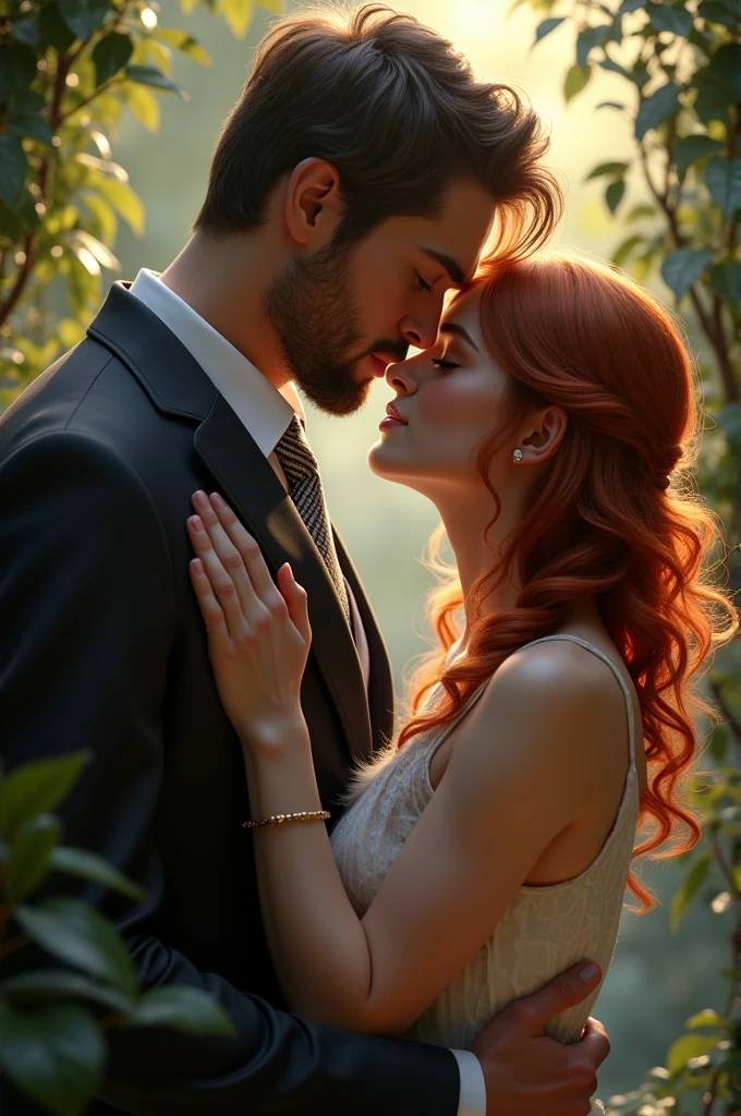 2 meter tall handsome white German guy kissing with 1 meter brunette redhead,50