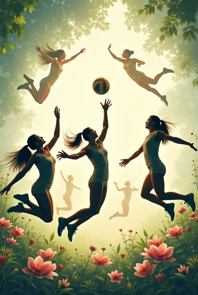 A wallpaper with aesthetic photos on the theme of volleyball and violin with a little greenery and flowers please separate into several images with several motivating phrases in the middle
