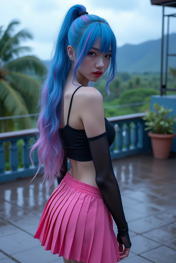 create a full body one the hair is long and tied up the color blue and pink highlights it is an emo outfit it is a pink sauto she will use red makeup it is a black look (create it in a kauai style) it is located on top of a building