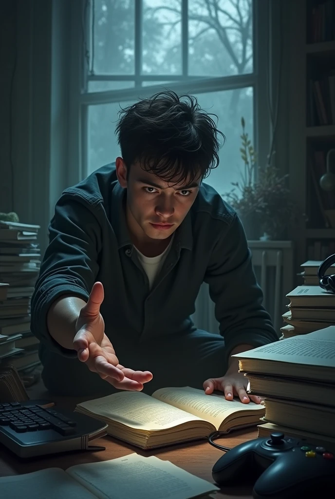 Make a dp of a alone 20 year boy , This image shows his passion in Gaming carrier but his studies stop him. His one hand is towards gaming accessories but he couldn't reach it because he's buried under a bulk of books and lots of books are on him.