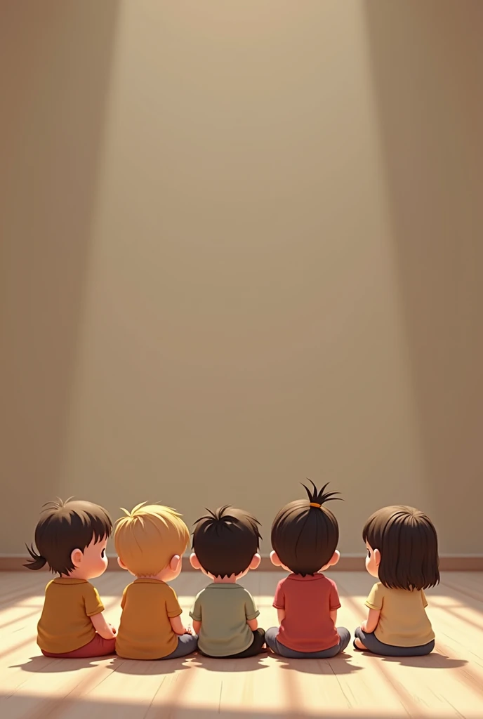 10 Five-year-old children sitting on the floor with their backs turned