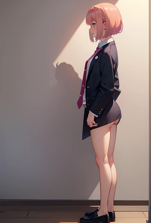 1 girl, standing backwards, totally naked, wearing only a tie and a pair of shoes, detailed genitalia, small and round ass, pink  hair, blushed face, class room, in front of the board, in a sexual position of four.