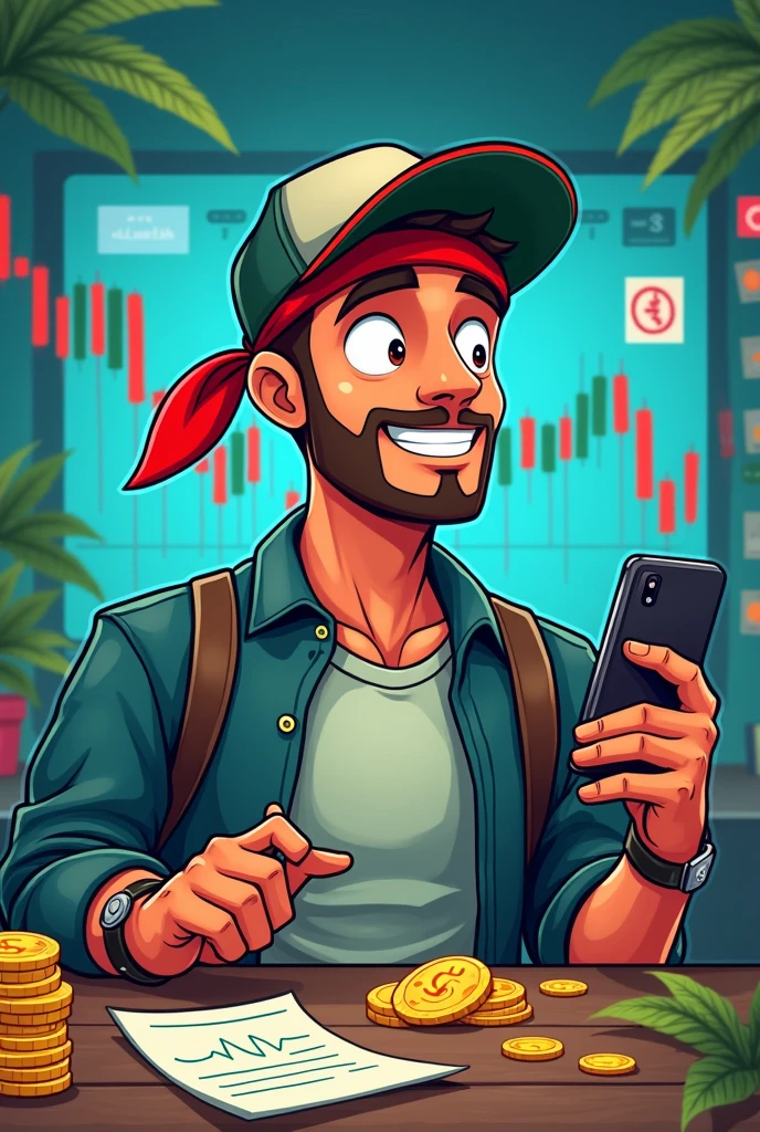 Create an image for trading. There is supposed to be a man in the picture. One wears a cap and a red bandana in his right hand. Should he wear a wonderful money. In the left hand should look at his mobile phone. In the picture you should see a treasure in the background on the chart there should be red and green candles and behind it there should be +1500 $ Stand, and the whole thing should be cartoon-like