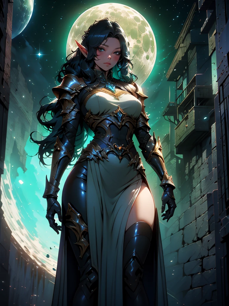 an elf with black skin and, armor, a screenshot of Hazel Armor, afrofuturism, beautiful dark elf countess, beautiful paladin, of a beautiful female warframe, Beautiful anime goddess with long green hair, breasts, big breasts, wearing a short dress, key visual anime, moon, intricate, hips, highly detailed, wide hips, breathtaking beauty, vibrant and sharp focus, illustration, 1 girl, 1 girl, goblin girl, goblin girl, 1girl, seductive, delicate