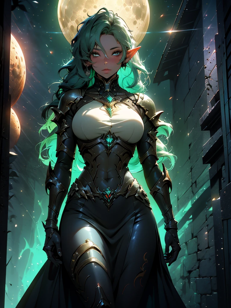 an elf with black skin and, armor, a screenshot of Hazel Armor, afrofuturism, beautiful dark elf countess, beautiful paladin, of a beautiful female warframe, Beautiful anime goddess with long green hair, breasts, big breasts, wearing a short dress, key visual anime, moon, intricate, hips, highly detailed, wide hips, breathtaking beauty, vibrant and sharp focus, illustration, 1 girl, 1 girl, goblin girl, goblin girl, 1girl, seductive, delicate