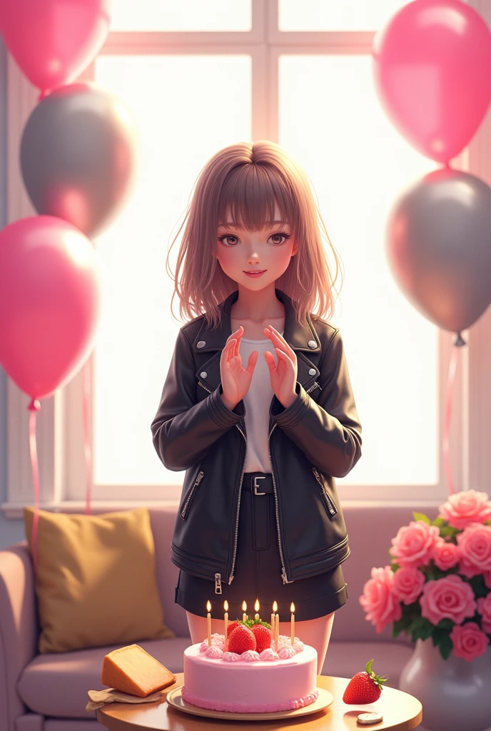 A  girl with straight hair without bangs wearing a black leather jacket and skirt celebrating her birthday in her living room with a white background. She has a small round table in front of her that has on the table a strawberry cake, a bouquet of flowers and a cheese board.. Next to her are pink and silver balloons. She is clapping while looking at the cake