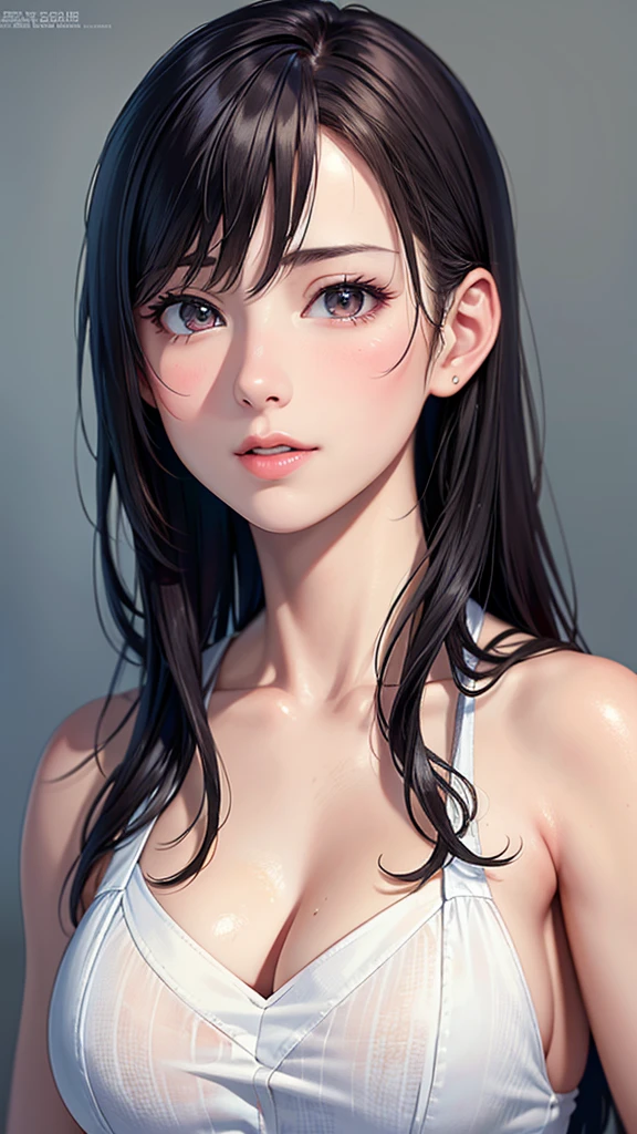 Girl with cinnamon skin, small hips, small breasts, small height, straight black hair, round face, wide ribs  