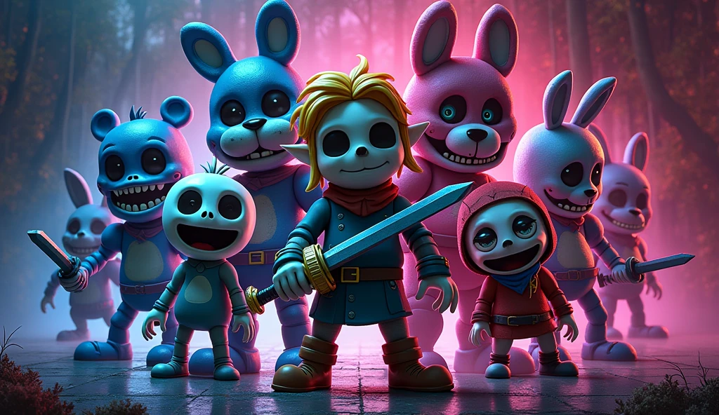 Generate a wallpaper by joining the sans characters, link and the FNAF animatronics in a game art style