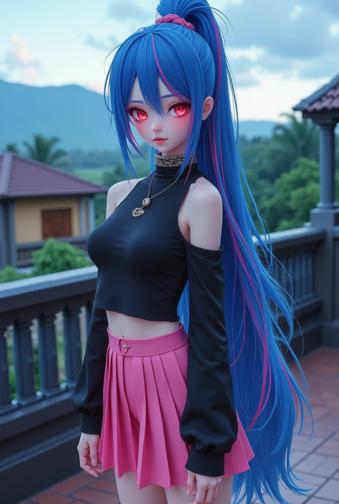 create a full body one the hair is long and tied up the color blue and pink highlights it is an emo outfit it is a pink sauto she will use red makeup it is a black look (create it in a kauai style) it is located on top of a building