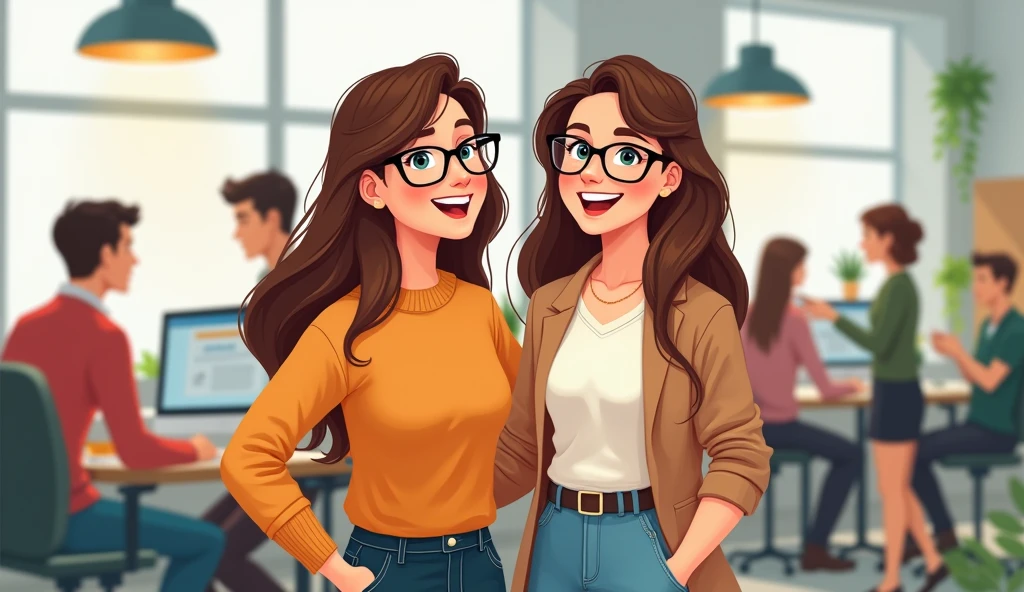 I need a playful image in illustration, which represents welcoming, safety, comfort.  
there are two women, one of whom is the boss (director) and the other is the employee). They are next each other and have a look of complicity

director features (woan 40 years): long, straight brown hair, glasses 
employee characteristic (woman 29 years): wavy brown hair, glasses 
They are both wearing more casual clothes. 
scenario a chaotic work environment in an advertising agency, with peoples in the backgroud. 

