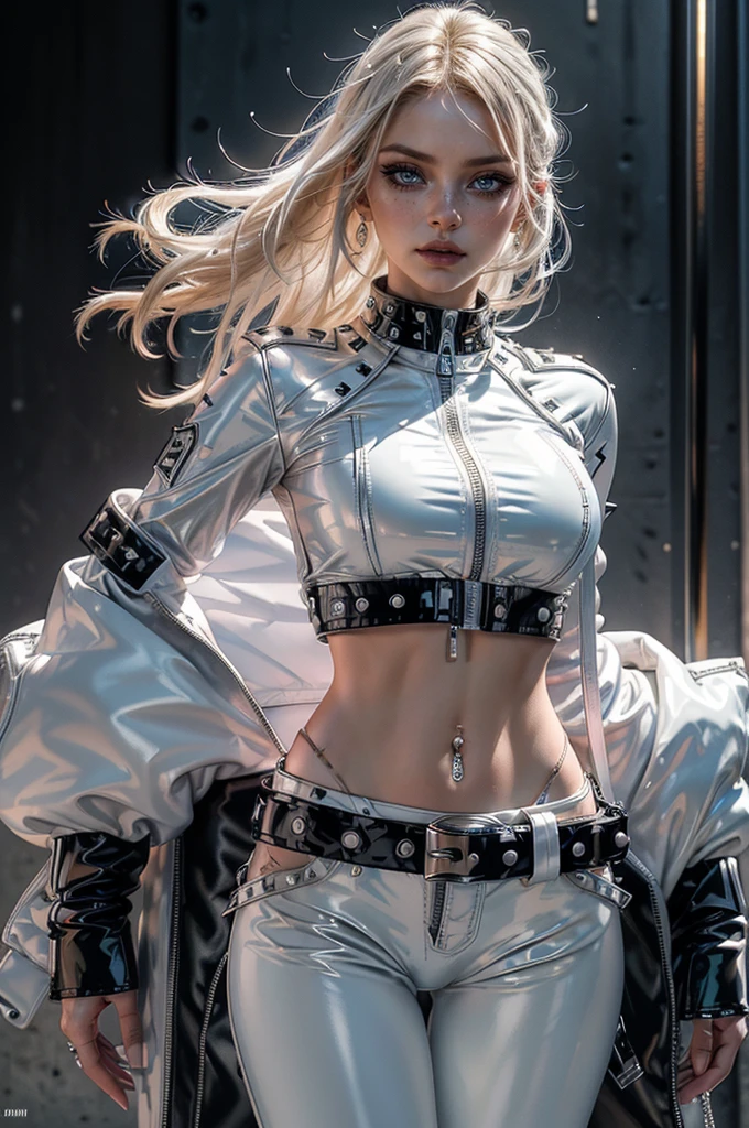 cowboy shot,a pretty 2 girl,blond hair,blue eyes,lora_Emma,slim athletic body,thin waist,punk,(shiny ultra glossy white latex crop top),(shiny ultra glossy white latex pants with multiple zippers),(((long navel piercing))),white studded collar,empty studio,((studded white belts)),((unzipped and open studded black latex jacket)),(best quality,4k,8k,highres,masterpiece:1.2),ultra-detailed,(realistic,photorealistic,photo-realistic:1.37),dramatic lighting,cinematic,fashion photography,studio lighting,high contrast,vivid colors,beautiful detailed eyes,beautiful detailed lips,extremely detailed eyes and face,long eyelashes, hair on one side, touching hair