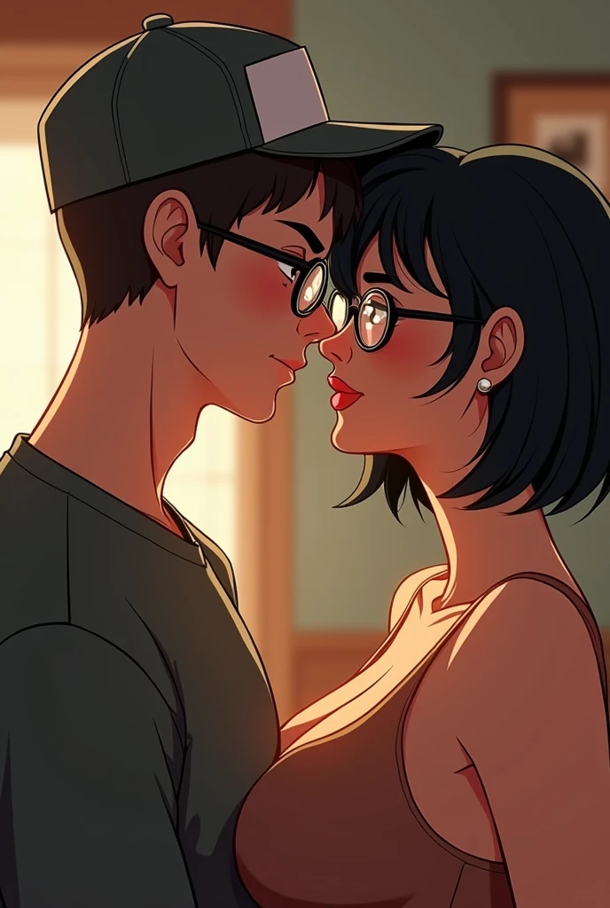 Create a couple, of a man with glasses and short hair wearing a cap and a very hot, busty woman with glasses and short hair who also looks like Velma