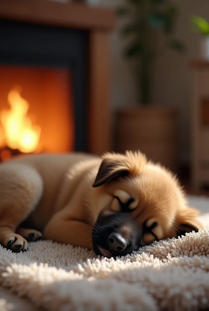 A German Shepherd puppy sleeping at home on a rug and behind him there is a fireplace