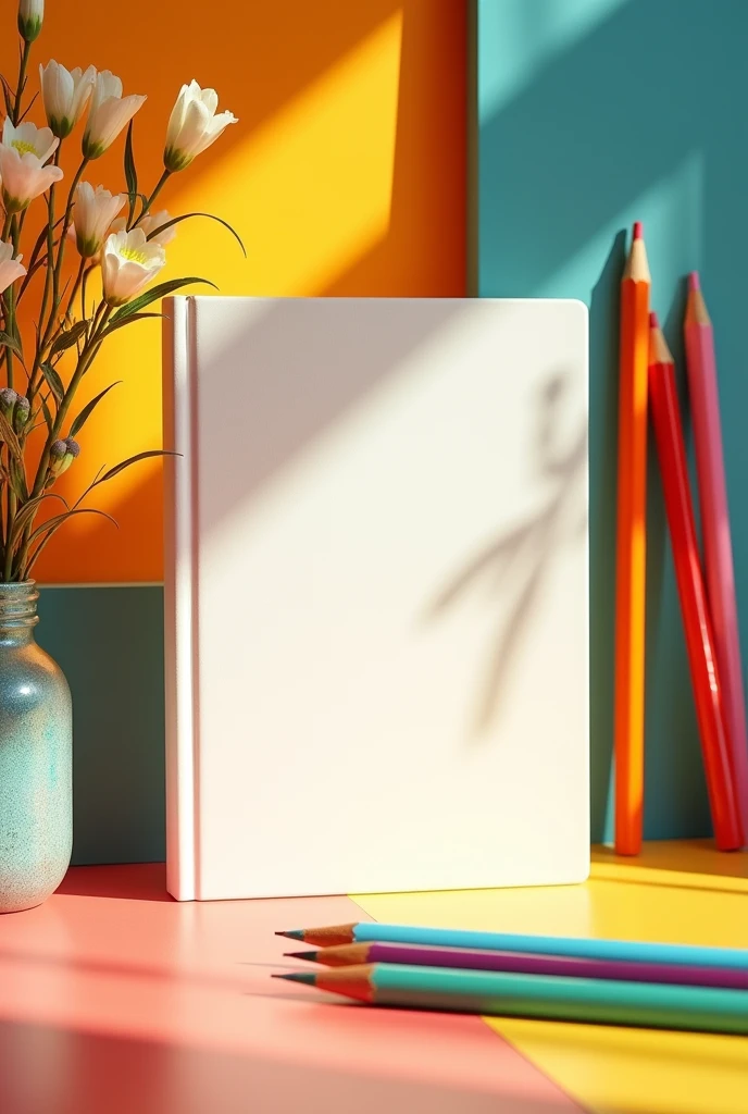a flat lay with one blank white 8.5x11 inch hardcover journals with smooth matte finishes. They are placed on a colorful table with pencils and very colors, set in a vibrant French interior with a spring color tone and vibe. The scene is illuminated by warm, creating a cheerful and lively atmosphere.